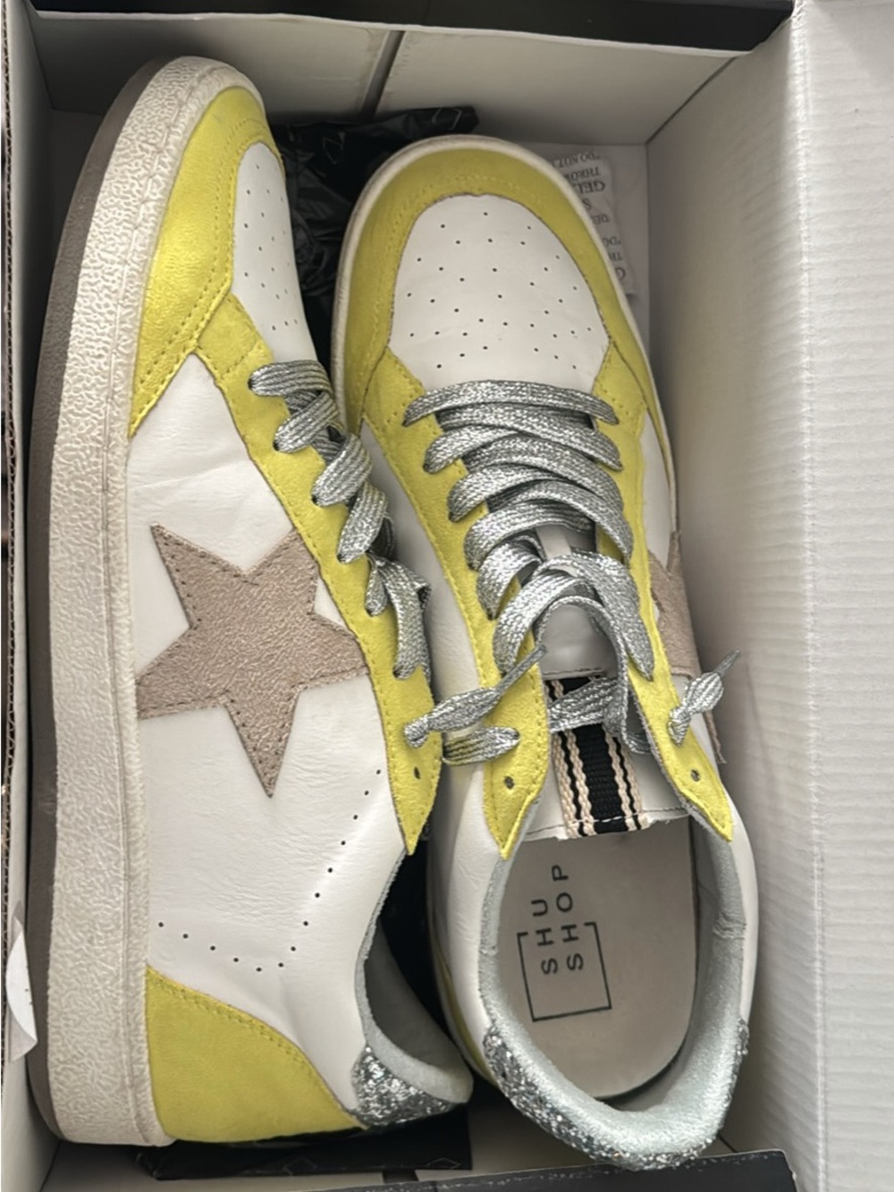 ShuShop Women’s Low-Top Sneakers in Yellow, White and Silver
